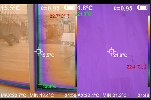 Kältester Punkt: Oberflächentemperatur Fußboden bei Terrassentüre
